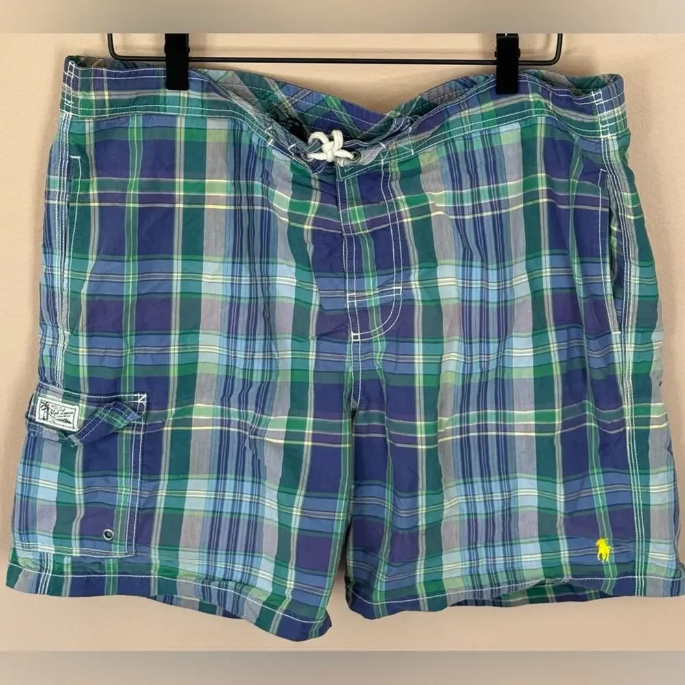 Polo Ralph Lauren Men’s Swim Trunks Shorts Large Purple Plaid  Liner Pony Logo